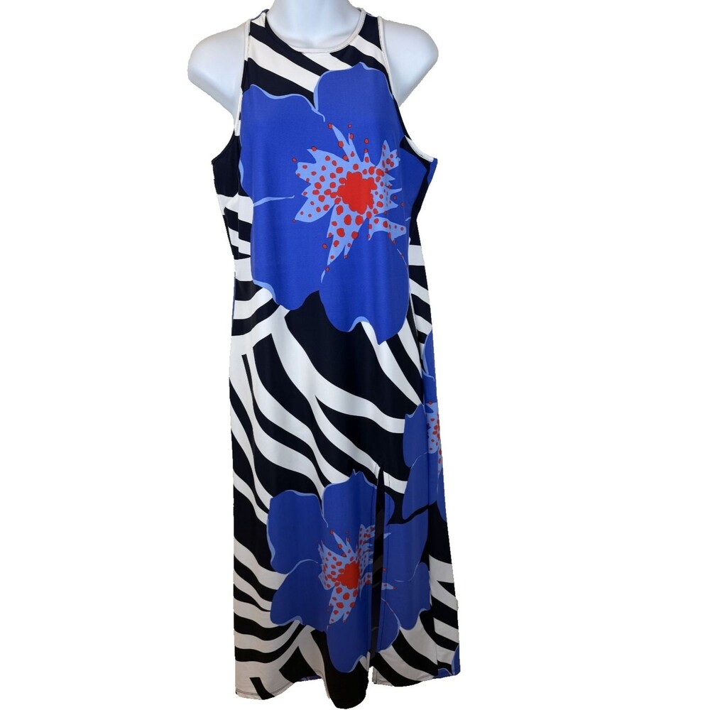 Jude Connally Dress Small Jude Cloth Racerback Zebra Floral Midi Front Slit Blue